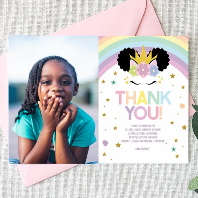 Afro Puff Unicorn und Rainbows Geburtstagsparty Dankeskarte (Von Creator hochgeladen)