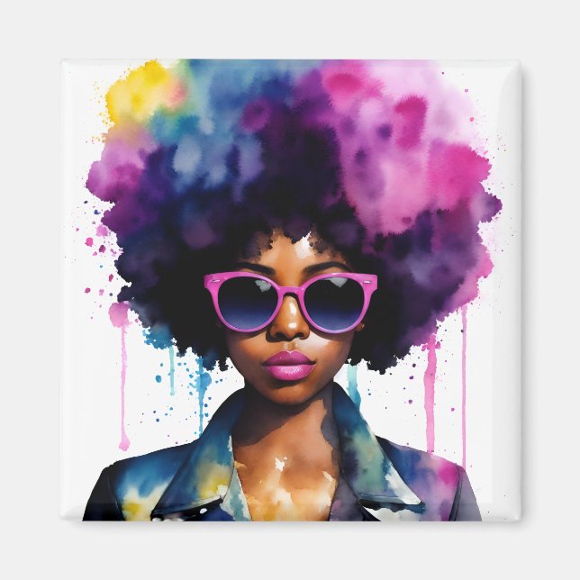 Afro Rainbow Hair Black Woman Sonnenbrille Magnet (Vorne)