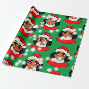 Afro Santa Puffs Schwarzes Mädchen Weihnachten Geschenkpapier