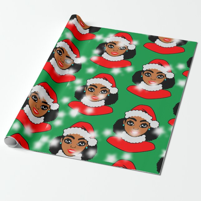 Afro Santa Puffs Schwarzes Mädchen Weihnachten Geschenkpapier (Ungerollt)