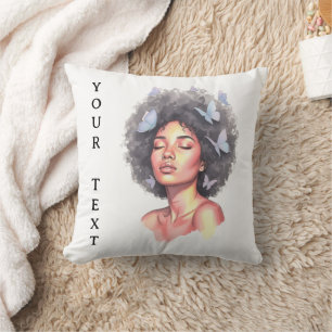 Afro-Schönheit mit Schmetterlingen – Wasserfarben- Kissen