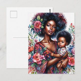 Afro Schwarze Mutter und Baby Blumen Aquarell Postkarte
