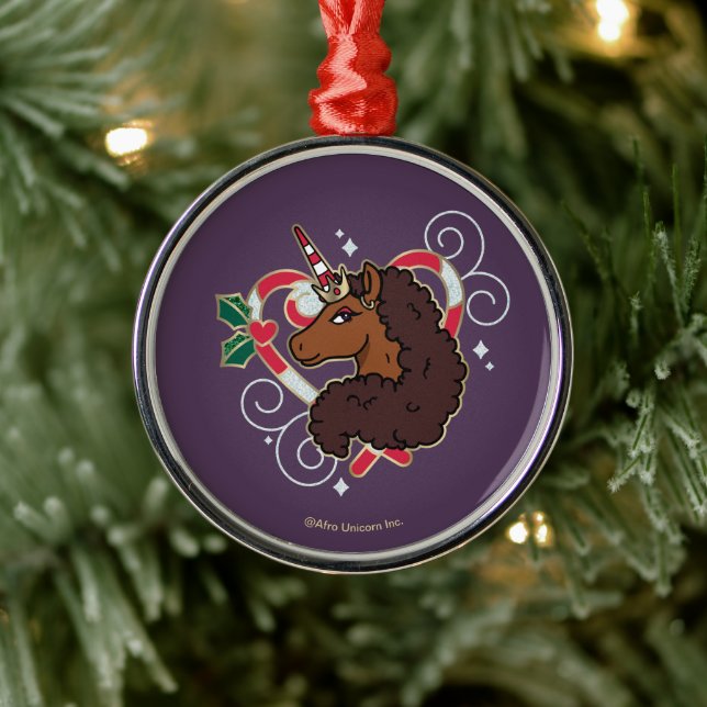 Afro Unicorn Candy Cane Herz Holiday Ornament Aus Metall (Baum)