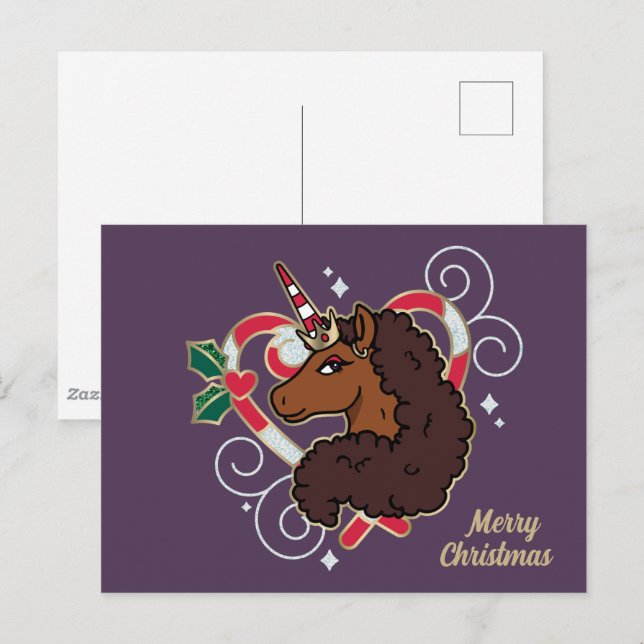 Afro Unicorn Candy Cane Herz Holiday Postkarte (Vorne/Hinten)