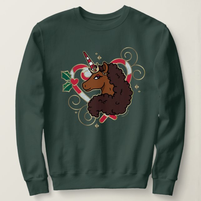 Afro Unicorn Candy Cane Herz Holiday Sweatshirt (Design vorne)