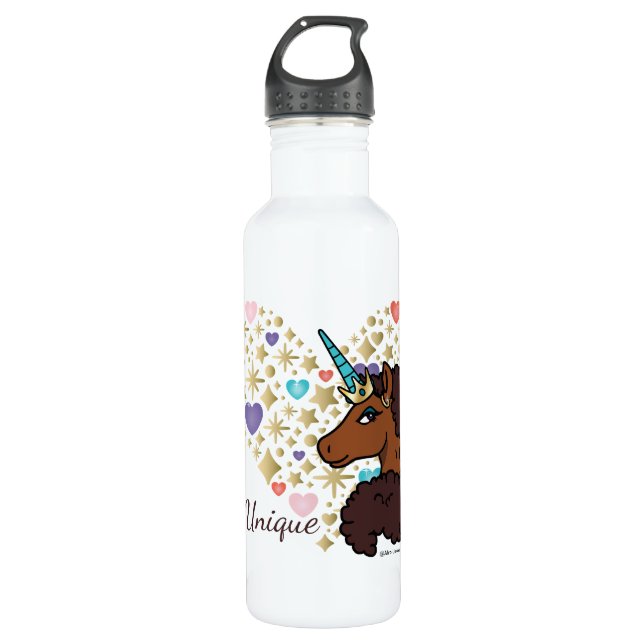Afro Unicorn | Einzigartiges Herzdesign Edelstahlflasche (Vorderseite)