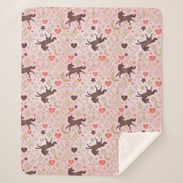 Afro Unicorn Herz & Star Pink Muster Sherpadecke (Vorderseite)