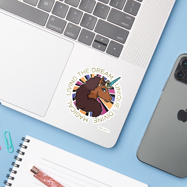 Afro Unicorn Living the Dream Design Aufkleber (Laptop mit iPhone)