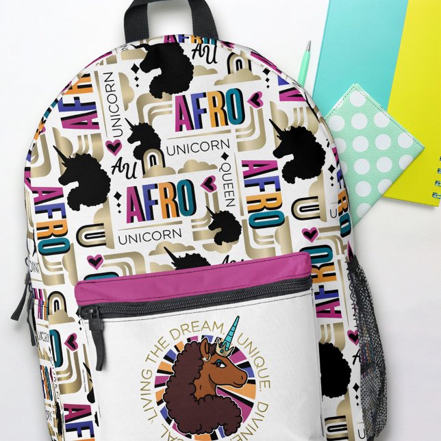 Afro Unicorn Living the Dream Design Bedruckter Rucksack (Backpack on desk)