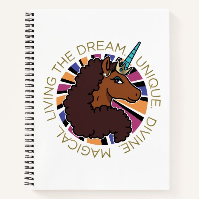 Afro Unicorn Living the Dream Design Notizbuch (Vorderseite)