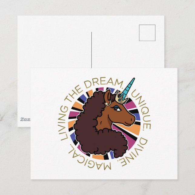 Afro Unicorn Living the Dream Design Postkarte (Vorne/Hinten)