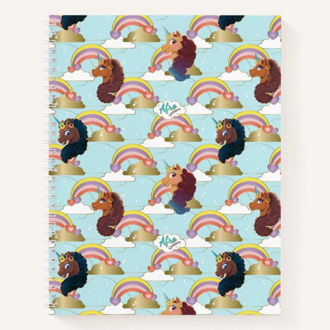 Afro Unicorn Rainbow and Hearts Muster Notizbuch (Vorderseite)