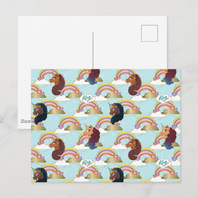 Afro Unicorn Rainbow and Hearts Muster Postkarte (Vorne/Hinten)