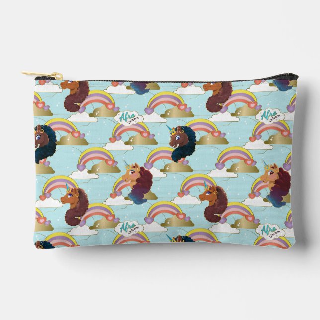 Afro Unicorn Rainbow and Hearts Muster Zubehörtasche (Vorderseite)