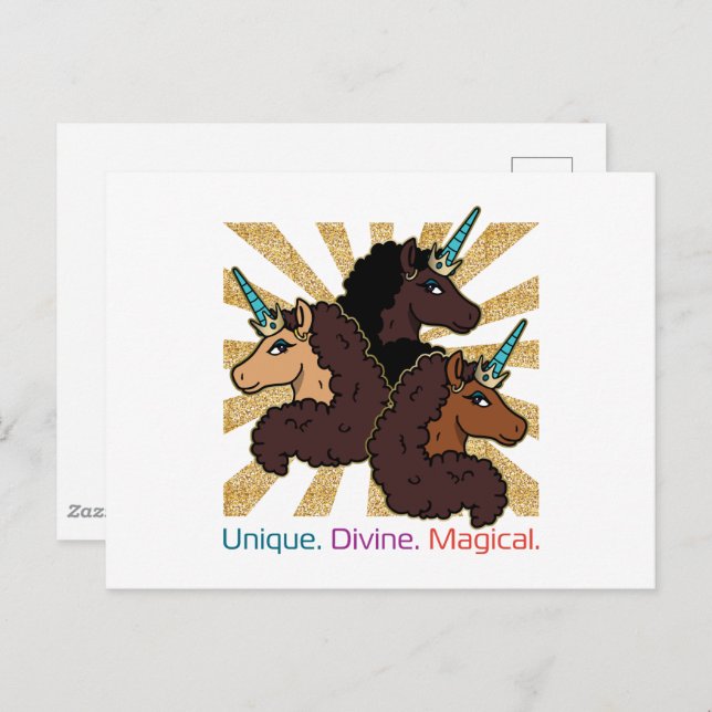 Afro Unicorn Trio: Einzigartig, göttlich und magis Postkarte (Vorne/Hinten)