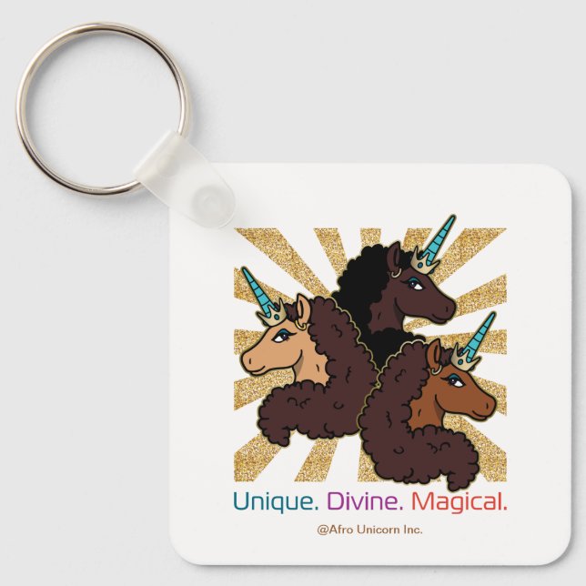 Afro Unicorn Trio: Einzigartig, göttlich und magis Schlüsselanhänger (Vorderseite)