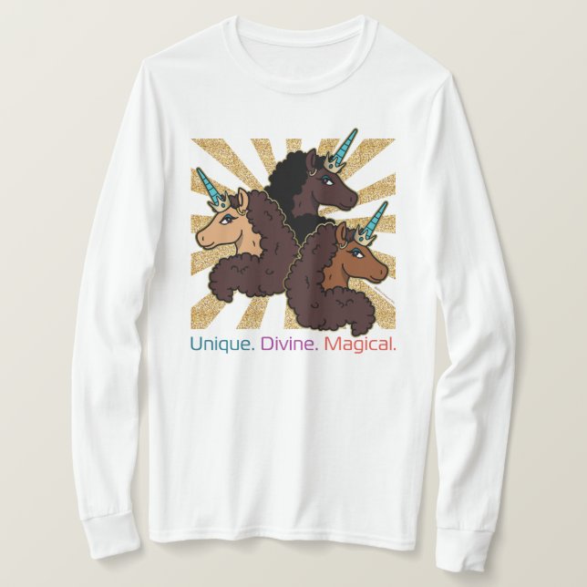 Afro Unicorn Trio: Einzigartig, göttlich und magis T-Shirt (Design vorne)