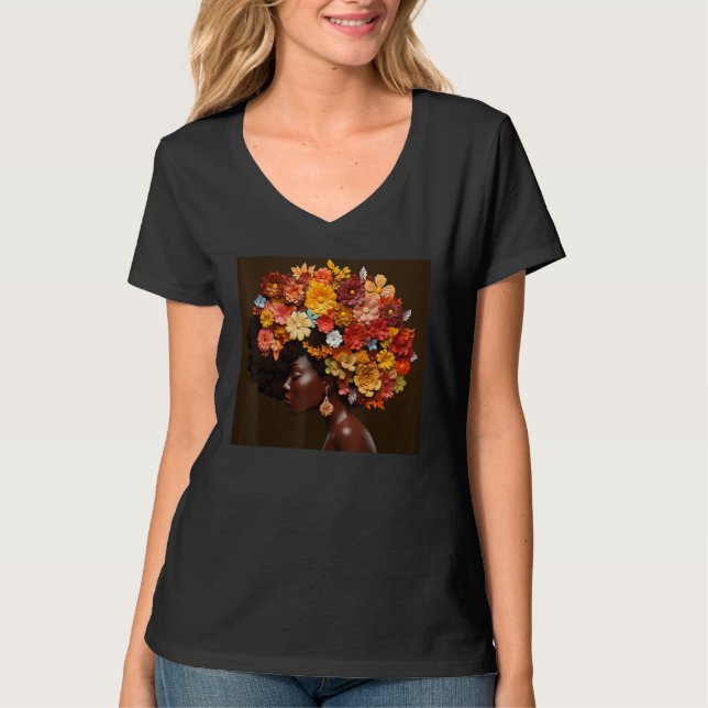 Afro Woman Floral Black Queen Puff Melanin Magic F T-Shirt (Vorderseite)