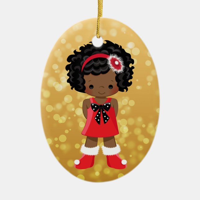 Afroamerikaner-Mädchen-Weihnachtsverzierung Keramikornament (Vorne)