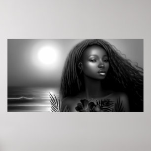 Afroamerikanerin Mondlichtstrand Monochrome Poster
