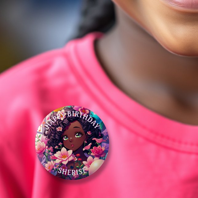 Afroamerikanisch Anime Birthday Girl Personalisier Button (Von Creator hochgeladen)