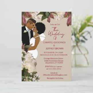 Afroamerikanische Braut und Bräutigam Hochzeit mit Einladung