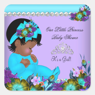 Afroamerikanische Mädchen-Baby-Party in Teal und L Quadratischer Aufkleber