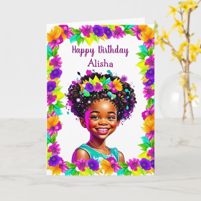 Afroamerikanische Mädchen Geburtstag Personalisier Karte (Gelbe Blume)