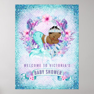 Afroamerikanische Meerjungfrau Baby Shower Willkom Poster