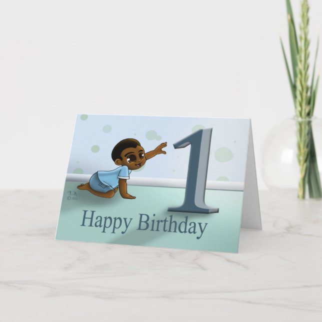 Afroamerikanischer Baby Boy 1. Geburtstag Karte (Vorderseite)