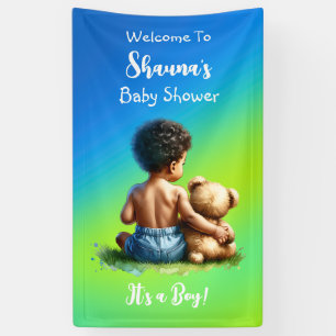 Afroamerikanischer Baby Boy mit Teddy Baby Shower Banner