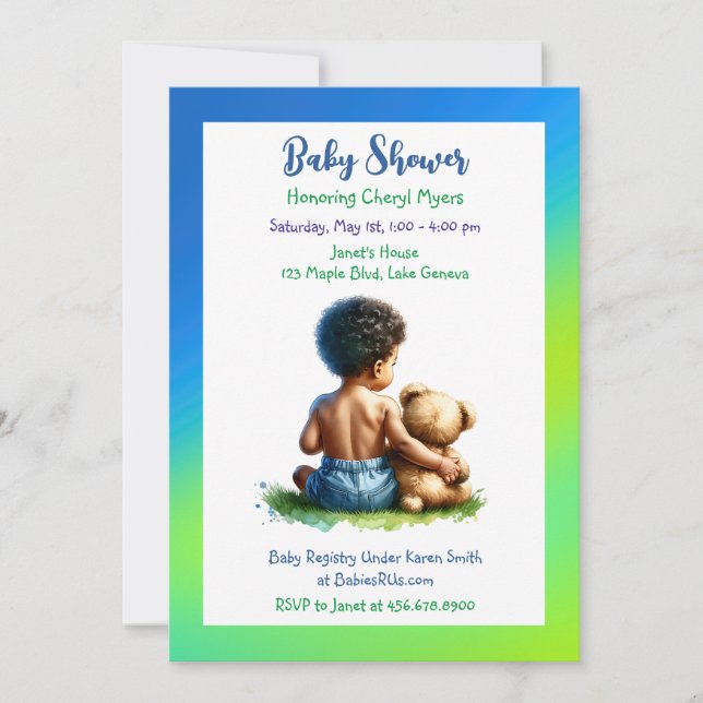 Afroamerikanischer Baby Boy mit Teddy Baby Shower Einladung