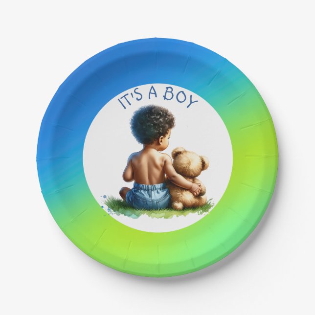 Afroamerikanischer Baby Boy mit Teddy Baby Shower Pappteller (Vorderseite)