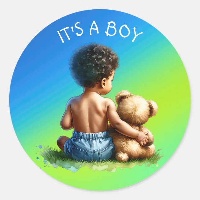Afroamerikanischer Baby Boy mit Teddy Baby Shower Runder Aufkleber (Vorderseite)