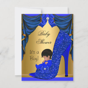 Afroamerikanischer Baby Shower Boy Blue Gold Shoe Einladung
