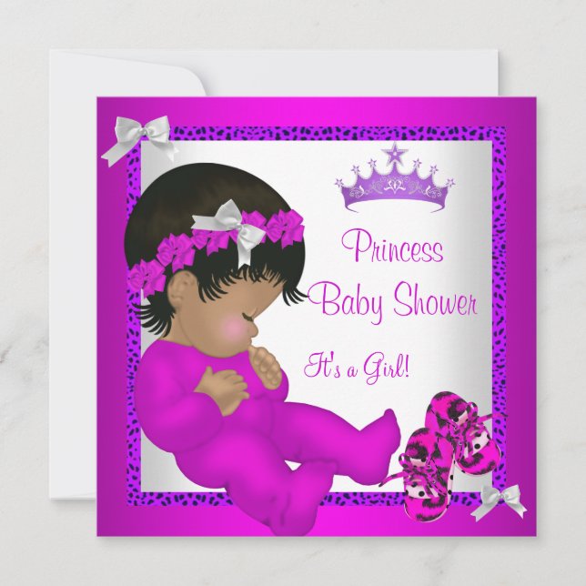 Afroamerikanischer Babydusche Lila rosa Leopard Einladung (Vorderseite)