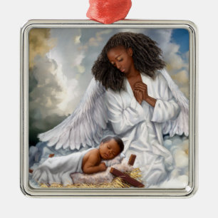Afroamerikanischer Engel und Baby Jesus Silbernes Ornament