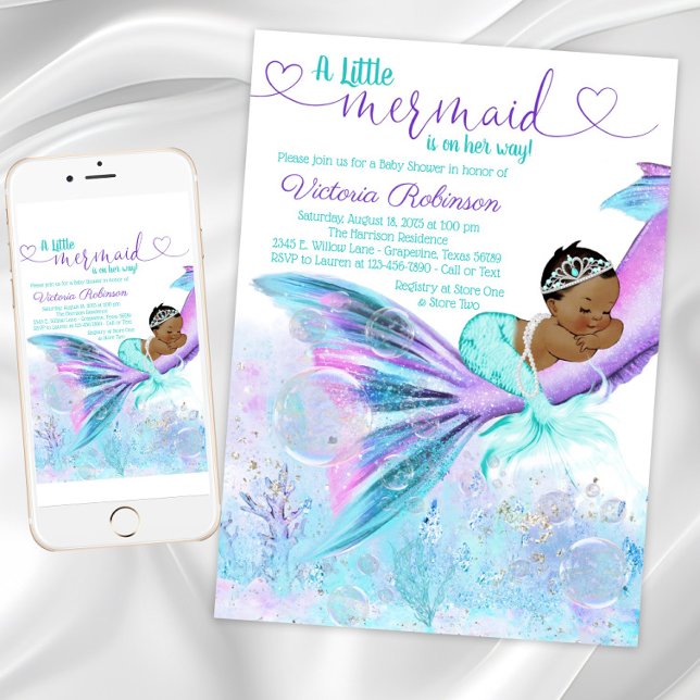 Afroamerikanischer Ethnic Mermaid Baby Shower Einladung (African American Mermaid Baby Shower Invitation. Instant download and printed invitations available.)