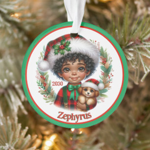 Afroamerikanischer Junge Hund Weihnachten Ornament
