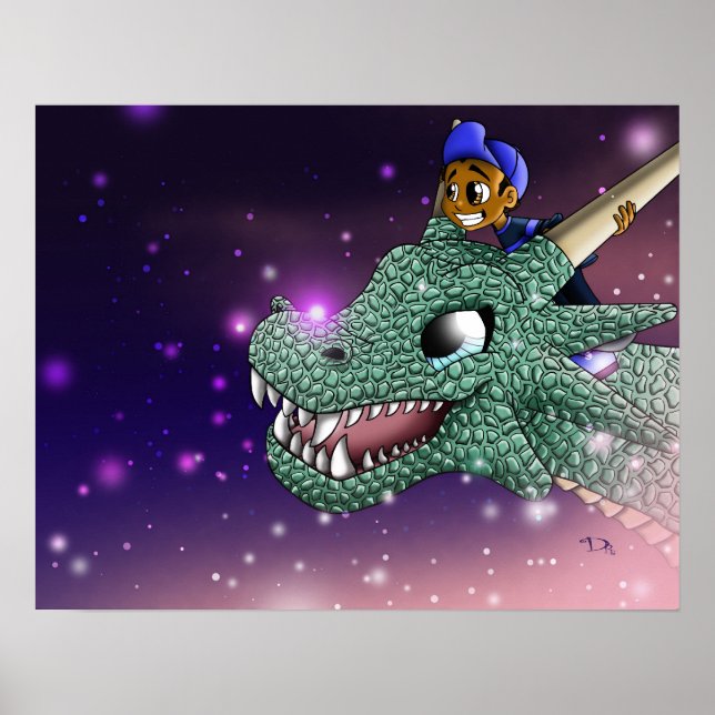 Afroamerikanischer Junge und Drache Poster (Vorne)