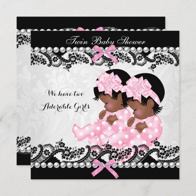 Afroamerikanischer Twin Girls Babydusche Pink Einladung (Vorne/Hinten)