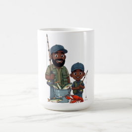 Afroamerikanischer Vater und Sohn beim Angeln Kaffeetasse