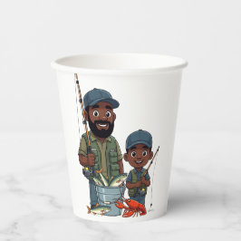 Afroamerikanischer Vater und Sohn beim Angeln Pappbecher