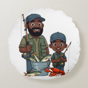 Afroamerikanischer Vater und Sohn beim Angeln Rundes Kissen