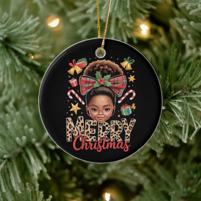 Afroamerikanischer Weihnachts-Messy-Bun Schwarze M Keramik Ornament (Baum)