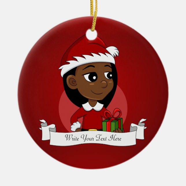 Afroamerikanischer Weihnachtsmädchen-Cartoon Keramik Ornament (Vorne)