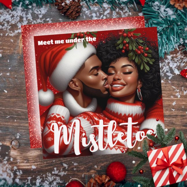 Afroamerikanischer Weihnachtsmann Mistletoe Kiss Feiertagskarte (African American Couple Christmas Mistletoe Kiss Holiday Card)