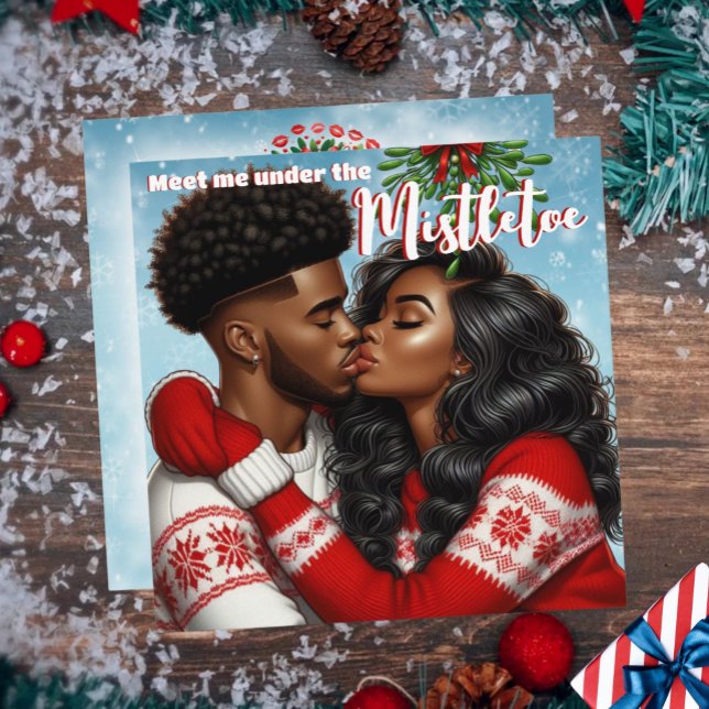 Afroamerikanischer Weihnachtsmann Mistletoe Kiss Feiertagskarte (African American Sweethearts Couple Christmas Mistletoe Kiss Holiday Card)
