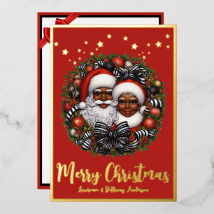 Afroamerikanischer Weihnachtsmann & Mrs. Claus Folien Feiertagskarte