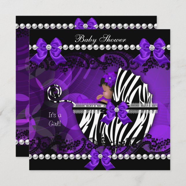 Afroamerikanisches Baby Shower Girl Lila Zebra 2 Einladung (Vorne/Hinten)
